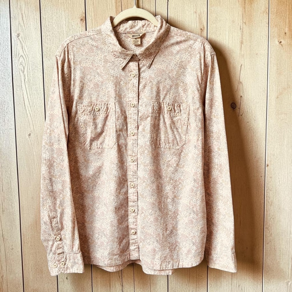 Duluth Trading Co Button Up Shirt Women's XL Dainty Floral Cream Pink Cottage